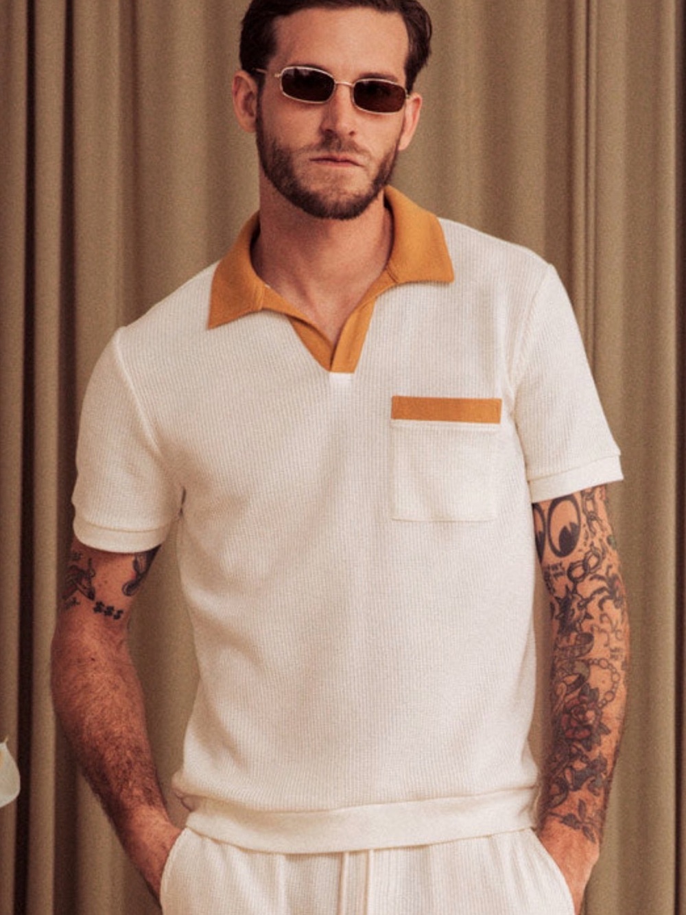 Men's Cream Short-Sleeve Polo with Mustard Contrast